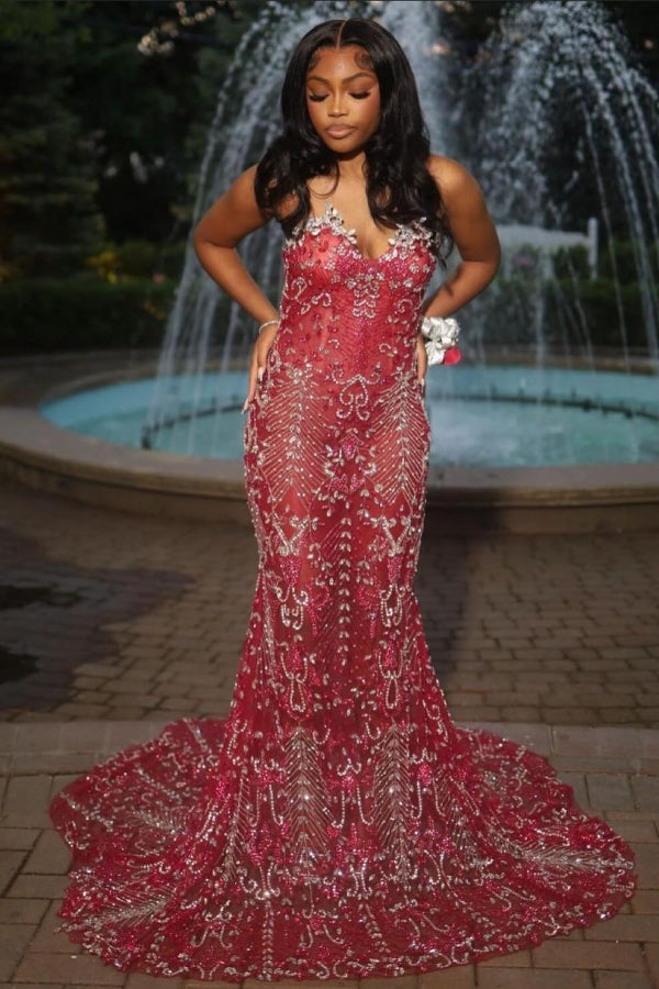 Sexy Hot Red Tulle Crystal Mermaid Sweetheart Prom Dress-showprettydress
