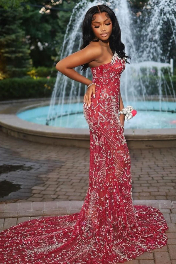 Sexy Hot Red Tulle Crystal Mermaid Sweetheart Prom Dress-showprettydress