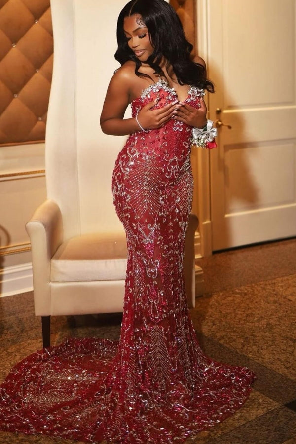 Sexy Hot Red Tulle Crystal Mermaid Sweetheart Prom Dress-showprettydress