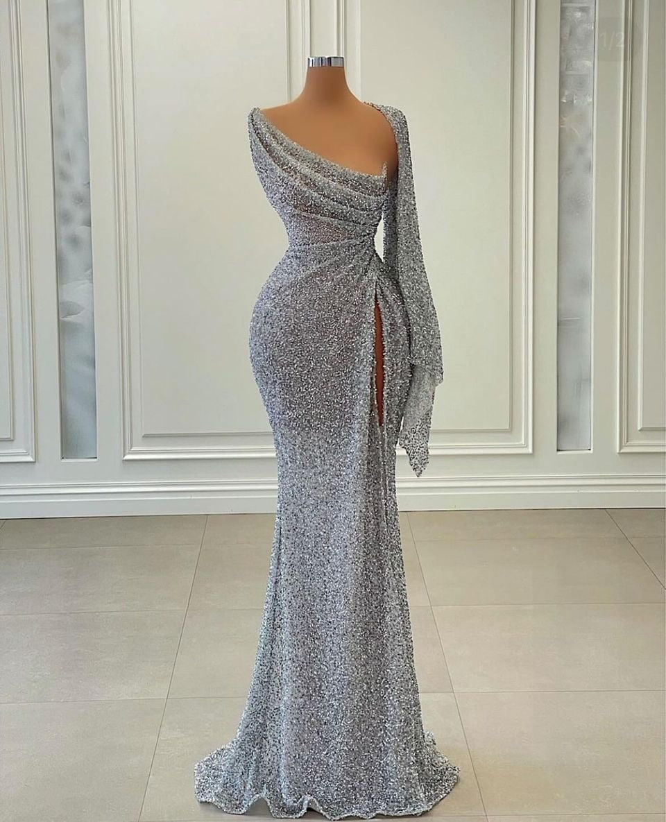 Sexy Long Mermaid One Shoulder Sequins Formal Prom Dress with Slit-showprettydress