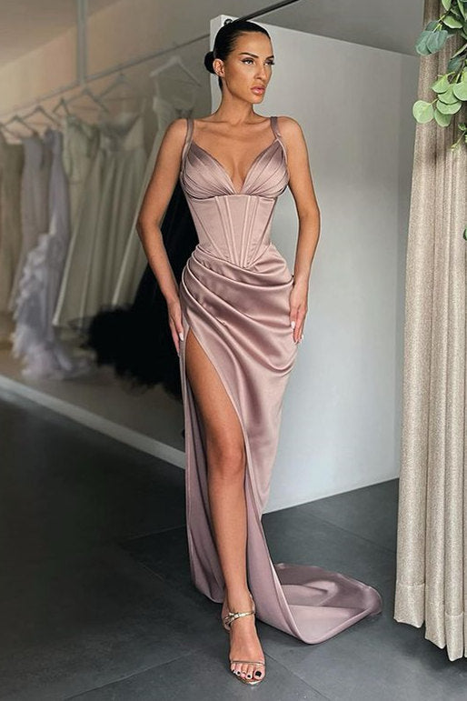 Sexy Long Mermaid V-neck Satin Prom Dress with Slit-showprettydress