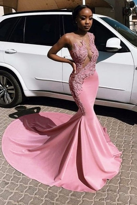 Sexy Mermaid Appliques Mermaid Sheer Tulle Sleeveless Prom Dresses-showprettydress