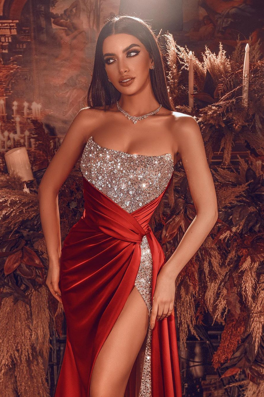 Sexy Red Front Slit Chiffon Evening Dress Strapless Sequins Long-showprettydress