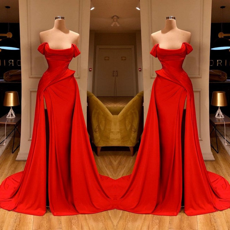 Sexy Red Long Mermaid Off-the-Shoulder Prom Dress With Split-showprettydress