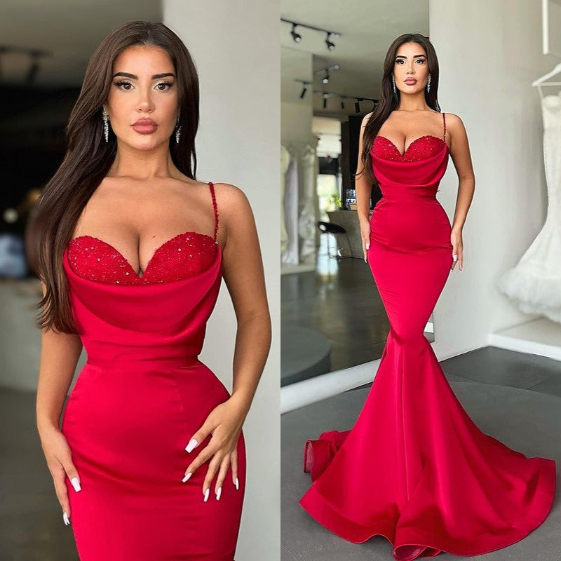 Sexy Red Long Mermaid Spaghetti Straps Satin Prom Dress-showprettydress