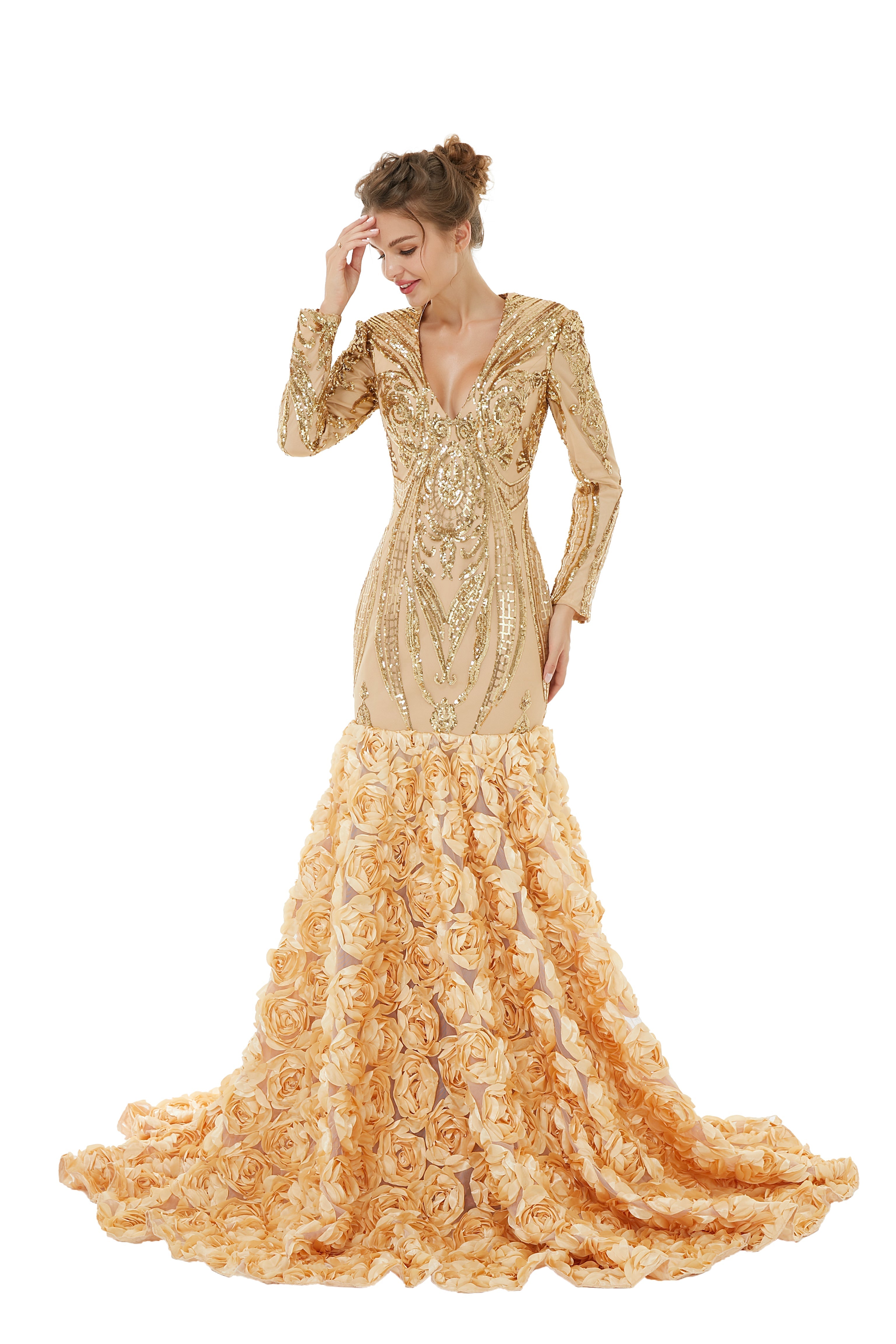 Sexy Sparkle Red Long sleeves V-neck Flowers Prom Dress | Showprettydress Real Shooting-showprettydress