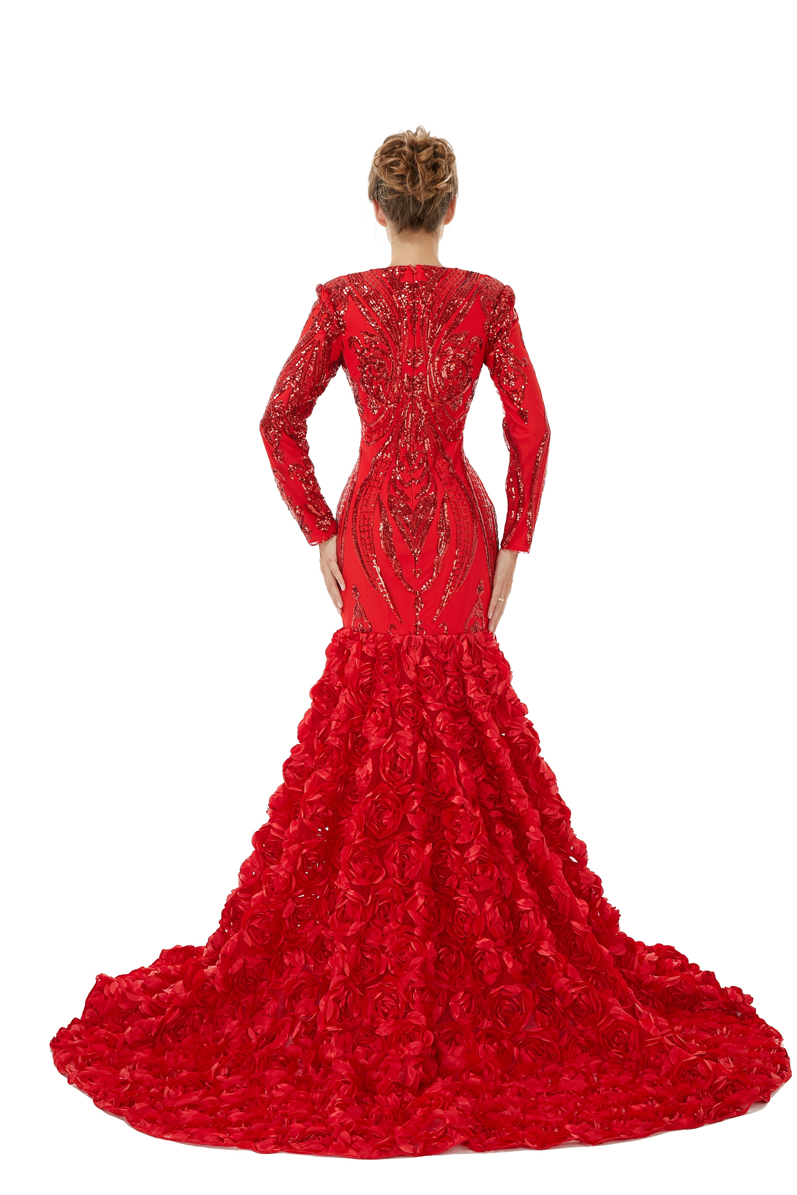 Sexy Sparkle Red Long sleeves V-neck Flowers Prom Dress | Showprettydress Real Shooting-showprettydress