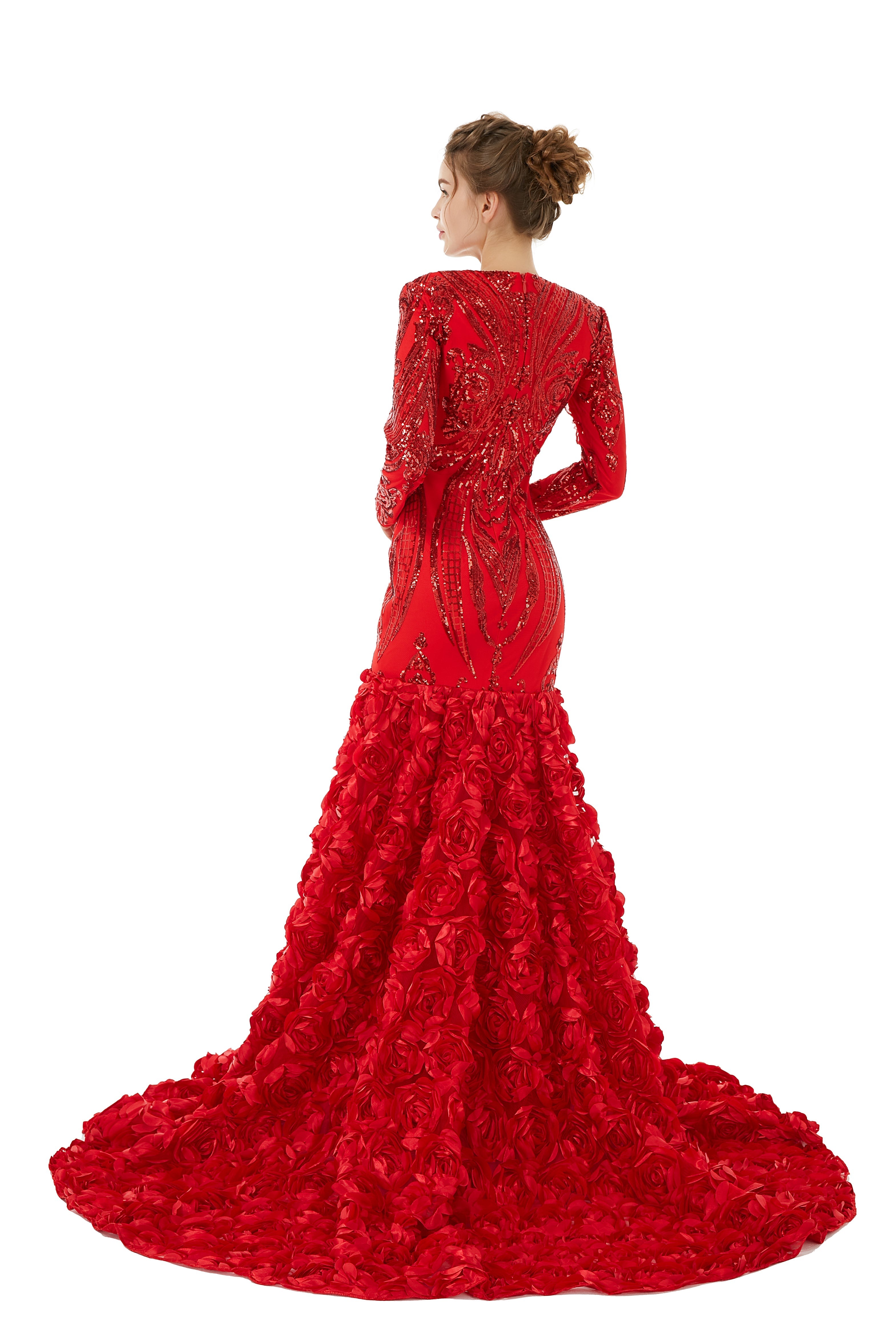 Sexy Sparkle Red Long sleeves V-neck Flowers Prom Dress | Showprettydress Real Shooting-showprettydress