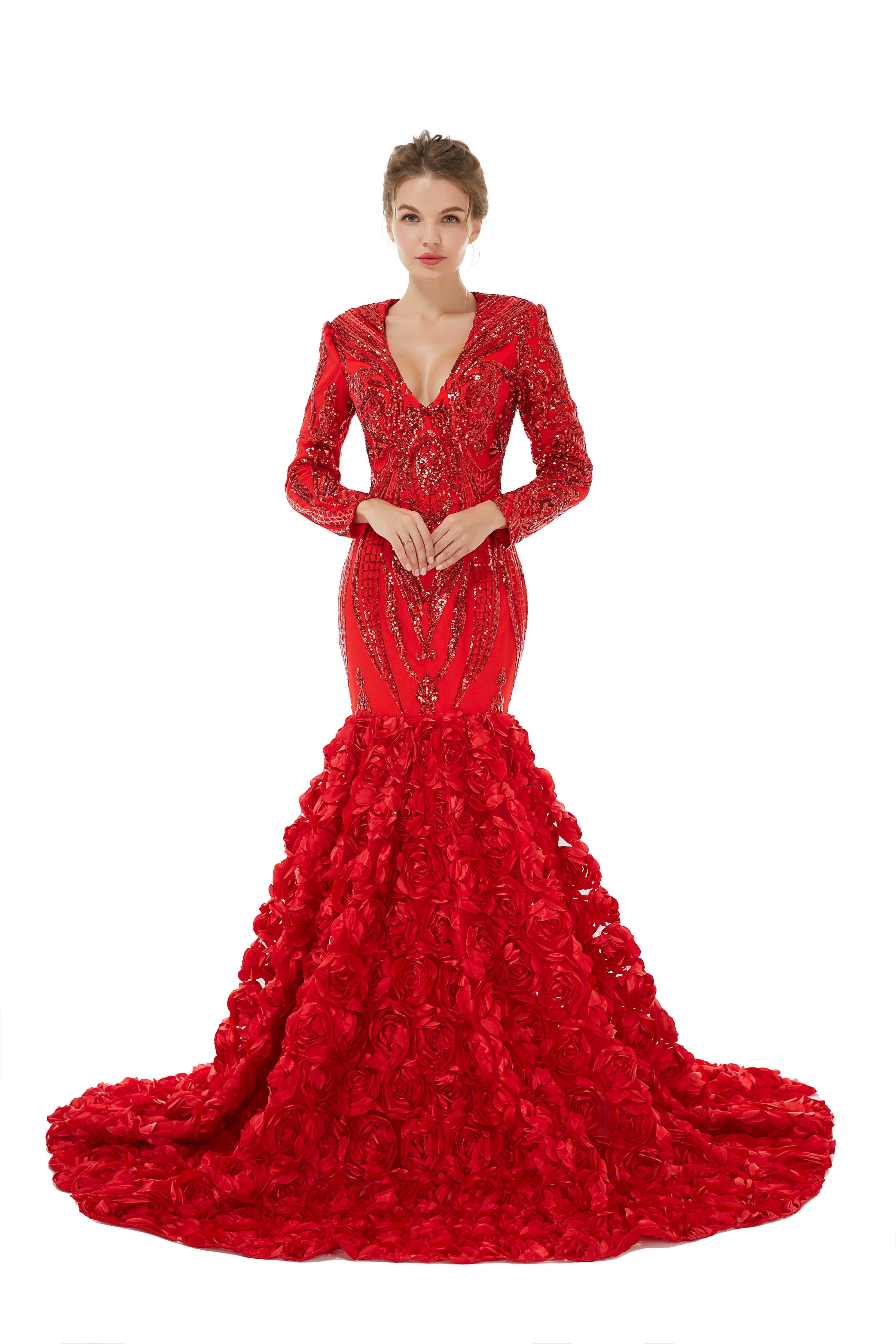 Sexy Sparkle Red Long sleeves V-neck Flowers Prom Dress | Showprettydress Real Shooting-showprettydress