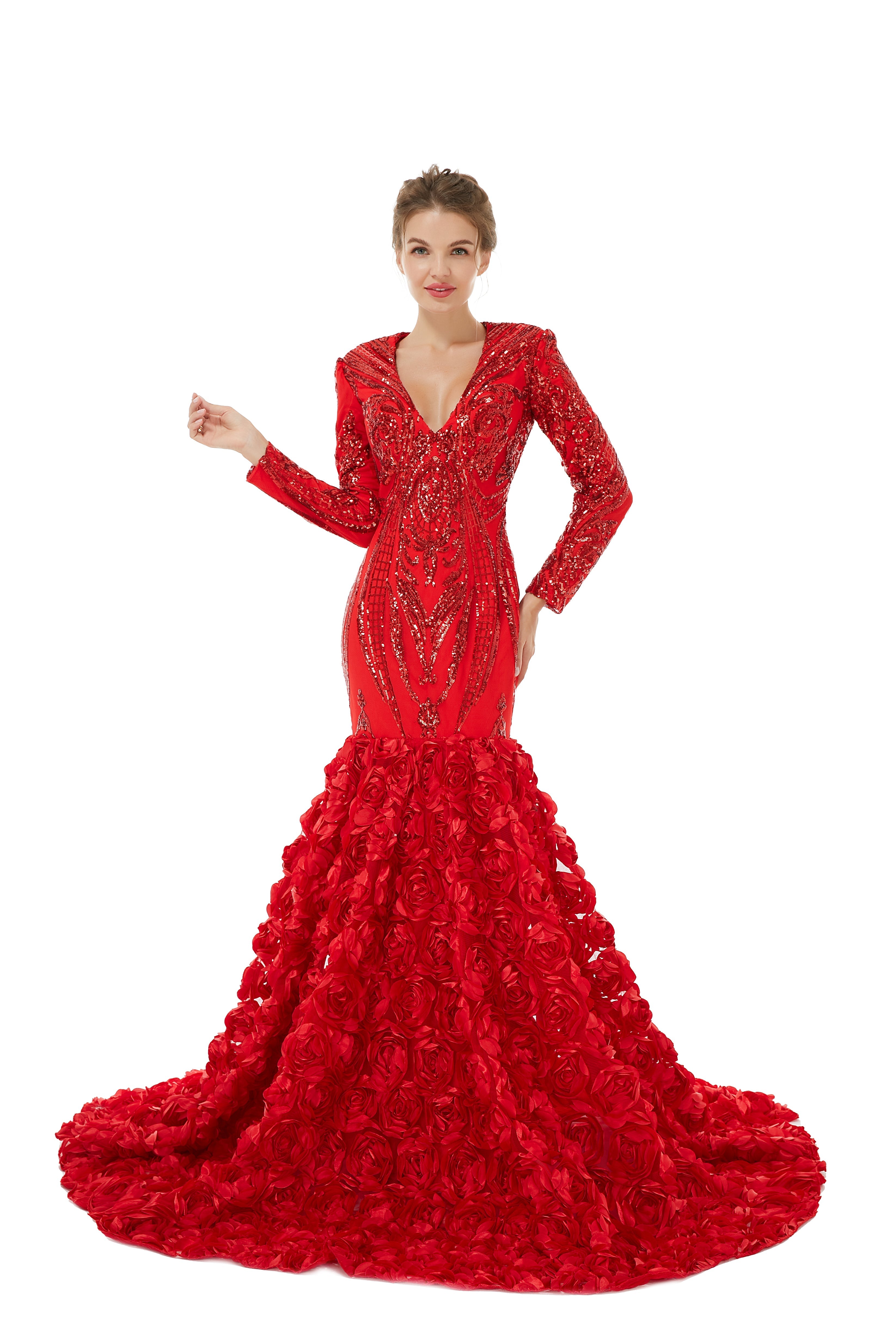 Sexy Sparkle Red Long sleeves V-neck Flowers Prom Dress | Showprettydress Real Shooting-showprettydress