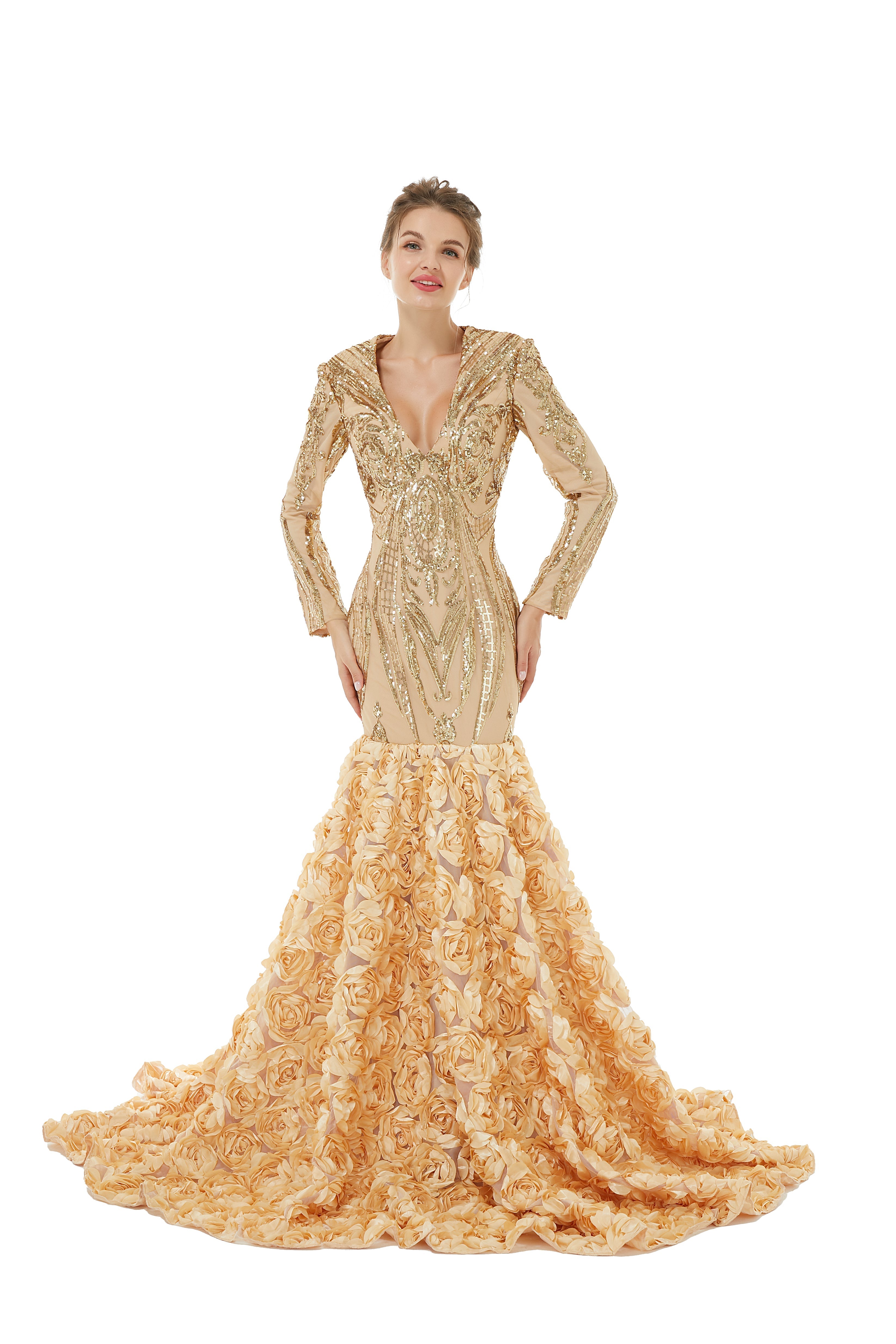 Sexy Sparkle Red Long sleeves V-neck Flowers Prom Dress | Showprettydress Real Shooting-showprettydress