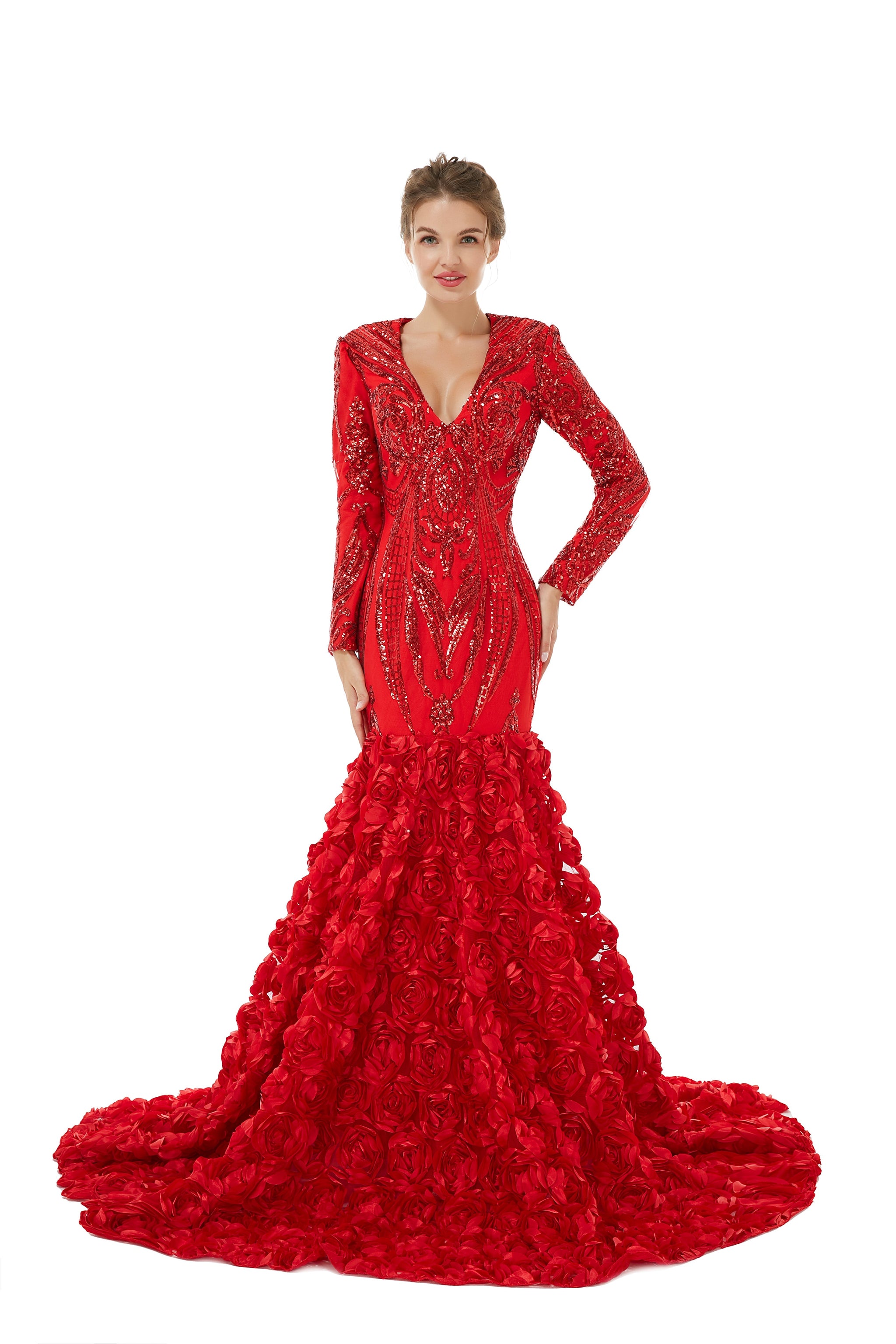 fitted lace wedding dress Sexy Sparkle Red Long sleeves V-neck Flowers Prom Dress
