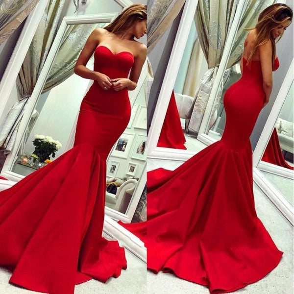 Sey Red Satin Mermaid Sleeveless Sweetheart Floor Length Backless Prom Dresses Evening Gowns With Zipper-showprettydress