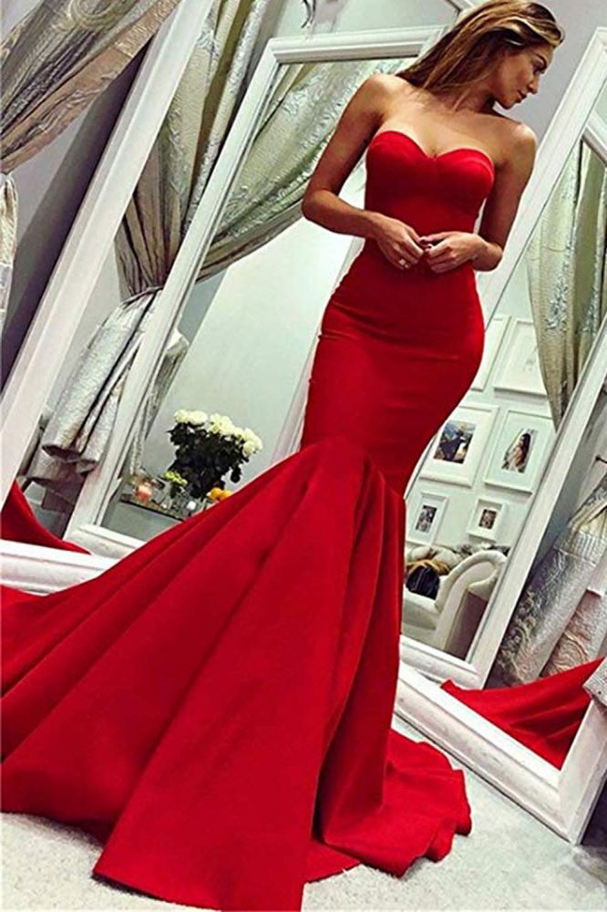Sey Red Satin Mermaid Sleeveless Sweetheart Floor Length Backless Prom