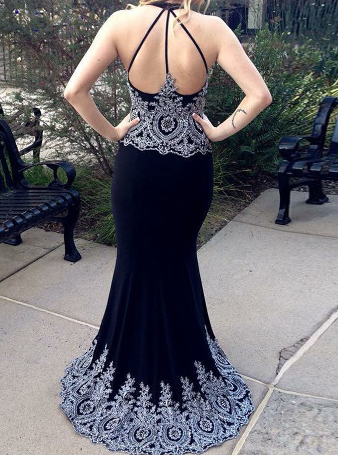 Sheath Halter V-neck Floor Length Sweep Chiffon Applique Evening Dress-showprettydress