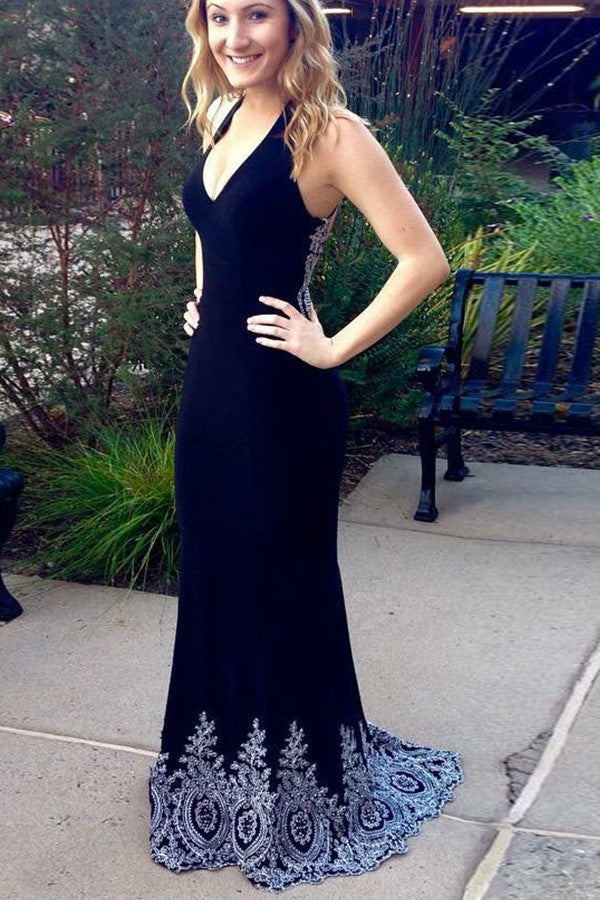 Sheath Halter V-neck Floor Length Sweep Chiffon Applique Evening Dress-showprettydress