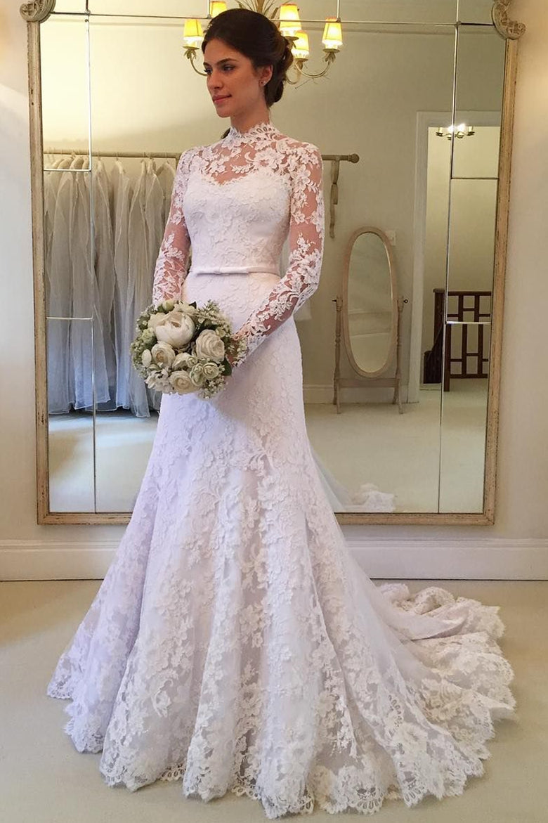 fitted lace wedding dress Collar Neck Wedding Dress Sheer Tulle Long Sleeve