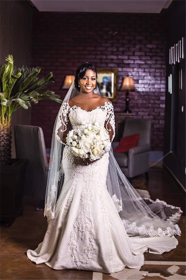 Sheer Tulle Long Sleevess Mermaid Wedding Dresses Appliques Classic Plus Size Bridal Gowns-showprettydress