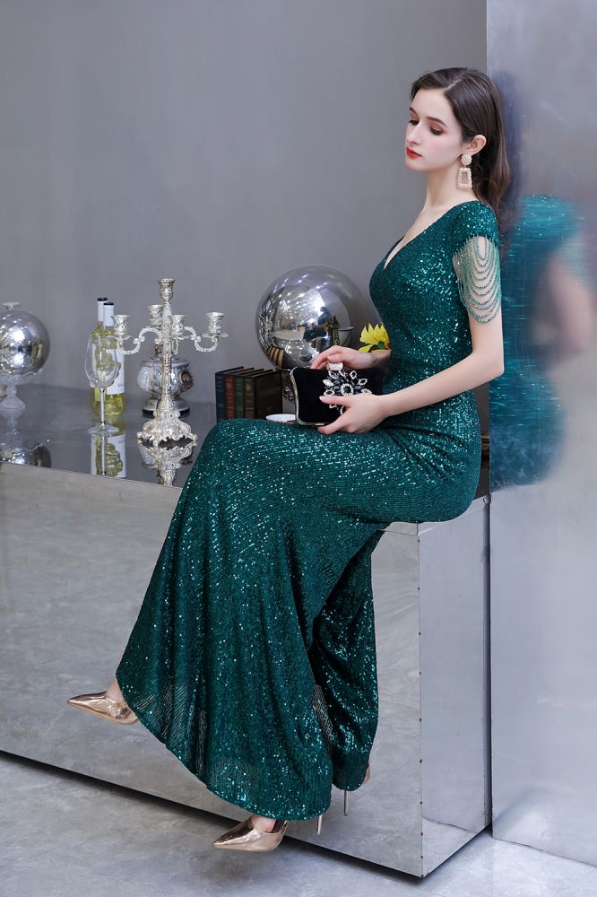 Shining Sequined Emerald Green Mermaid Cap sleeve Long Prom Party Gowns-showprettydress