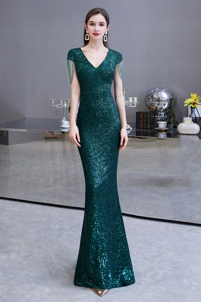 Shining Sequined Emerald Green Mermaid Cap sleeve Long Prom Party Gowns-showprettydress