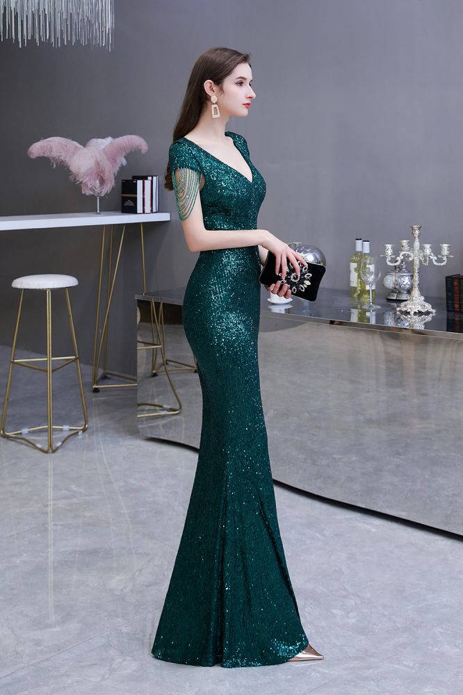 Shining Sequined Emerald Green Mermaid Cap sleeve Long Prom Party Gowns-showprettydress