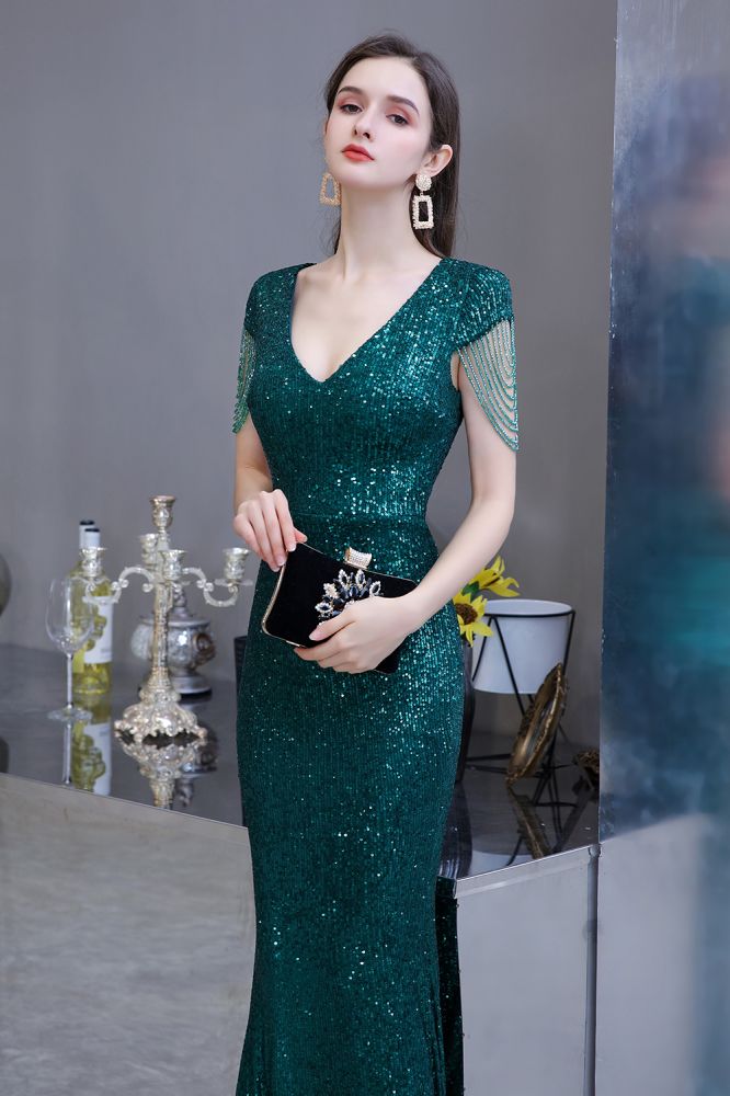 Shining Sequined Emerald Green Mermaid Cap sleeve Long Prom Party Gowns-showprettydress
