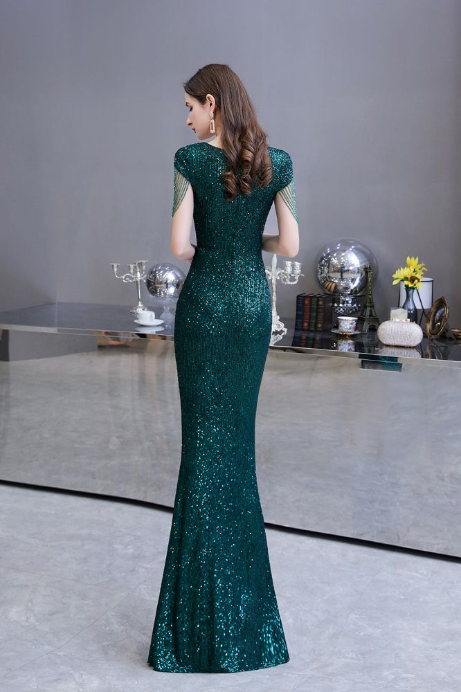 Shining Sequined Emerald Green Mermaid Cap sleeve Long Prom Party Gowns-showprettydress