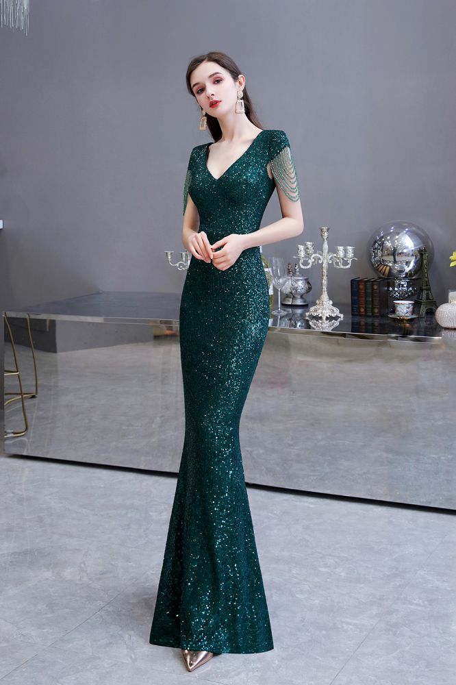 Shining Sequined Emerald Green Mermaid Cap sleeve Long Prom Party Gowns-showprettydress
