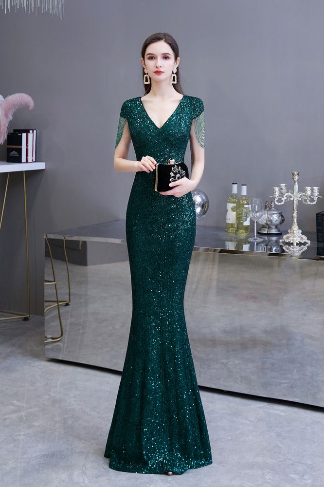 Shining Sequined Emerald Green Mermaid Cap sleeve Long Prom Party Gowns-showprettydress