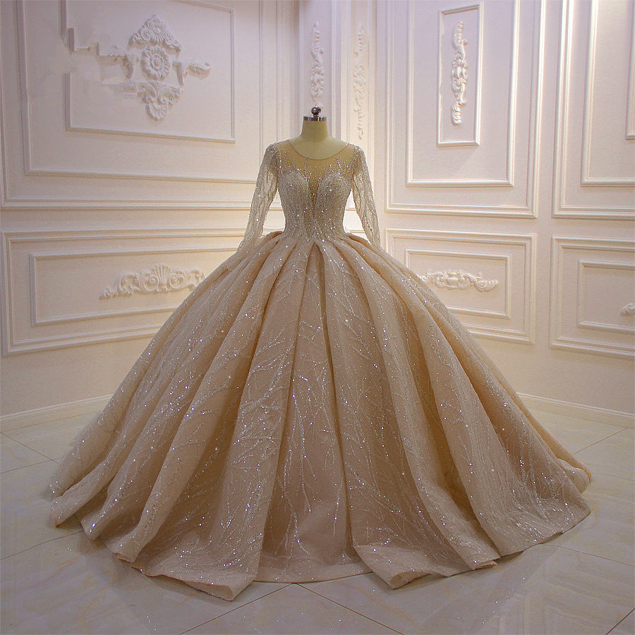 Shiny Ball Gown Tulle Jewel Long Sleevess Ruffless Wedding Dress-showprettydress