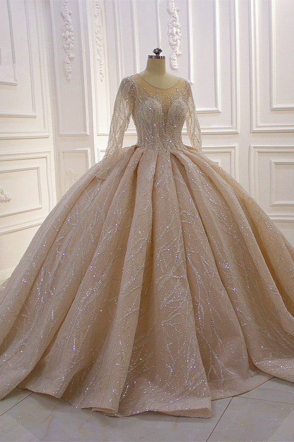 Shiny Ball Gown Tulle Jewel Long Sleevess Ruffless Wedding Dress-showprettydress