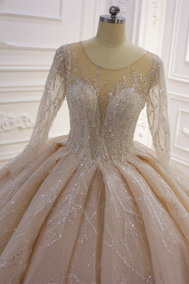 Shiny Ball Gown Tulle Jewel Long Sleevess Ruffless Wedding Dress-showprettydress