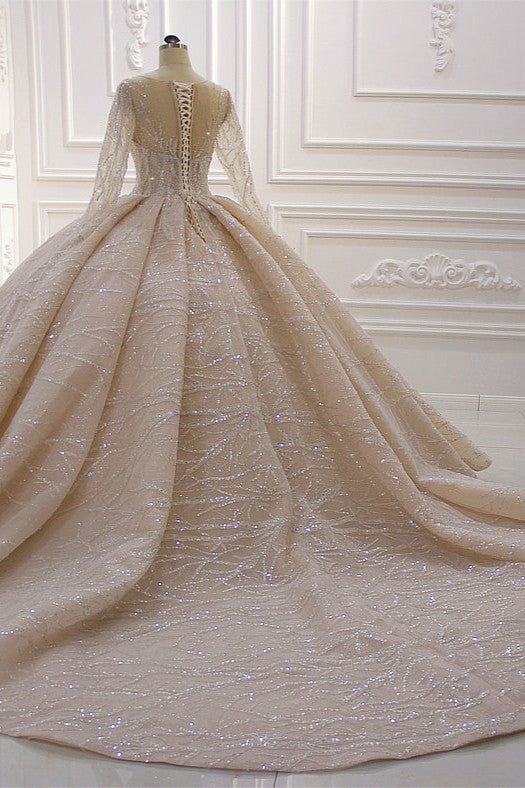 Shiny Ball Gown Tulle Jewel Long Sleevess Ruffless Wedding Dress-showprettydress