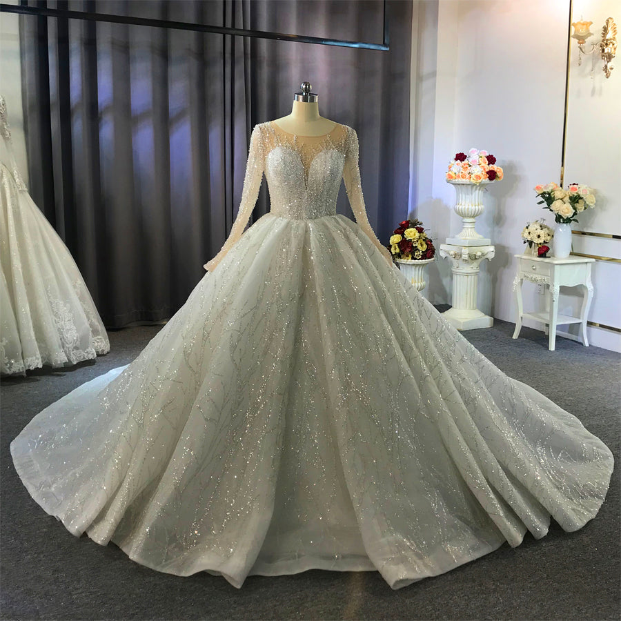 Shiny Ball Gown Tulle Jewel Long Sleevess Ruffless Wedding Dress-showprettydress