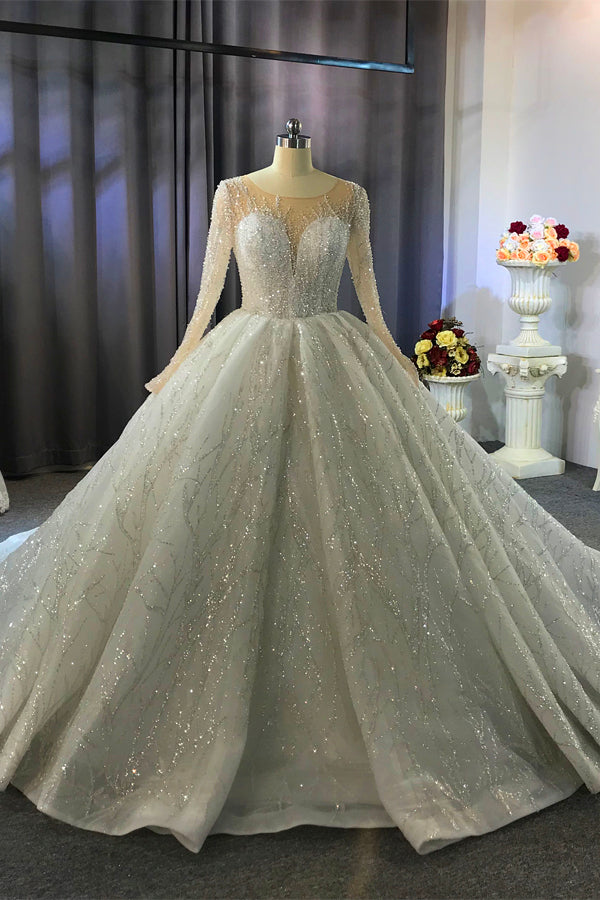 Shiny Ball Gown Tulle Jewel Long Sleevess Ruffless Wedding Dress-showprettydress