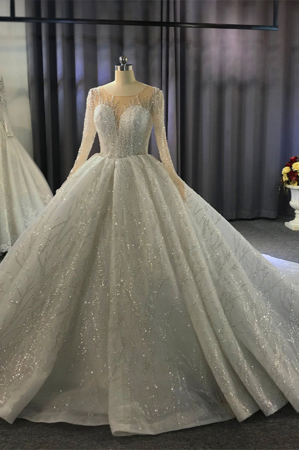 Shiny Ball Gown Tulle Jewel Long Sleevess Ruffless Wedding Dress-showprettydress