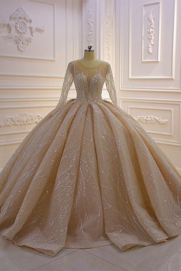 Shiny Ball Gown Tulle Jewel Long Sleevess Ruffless Wedding Dress-showprettydress
