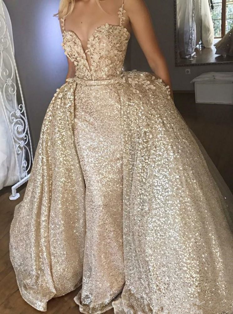 Shiny Champagne Sequins V-neck Spaghetti Straps Appliques Prom Dresses With Detachable Skirt-showprettydress