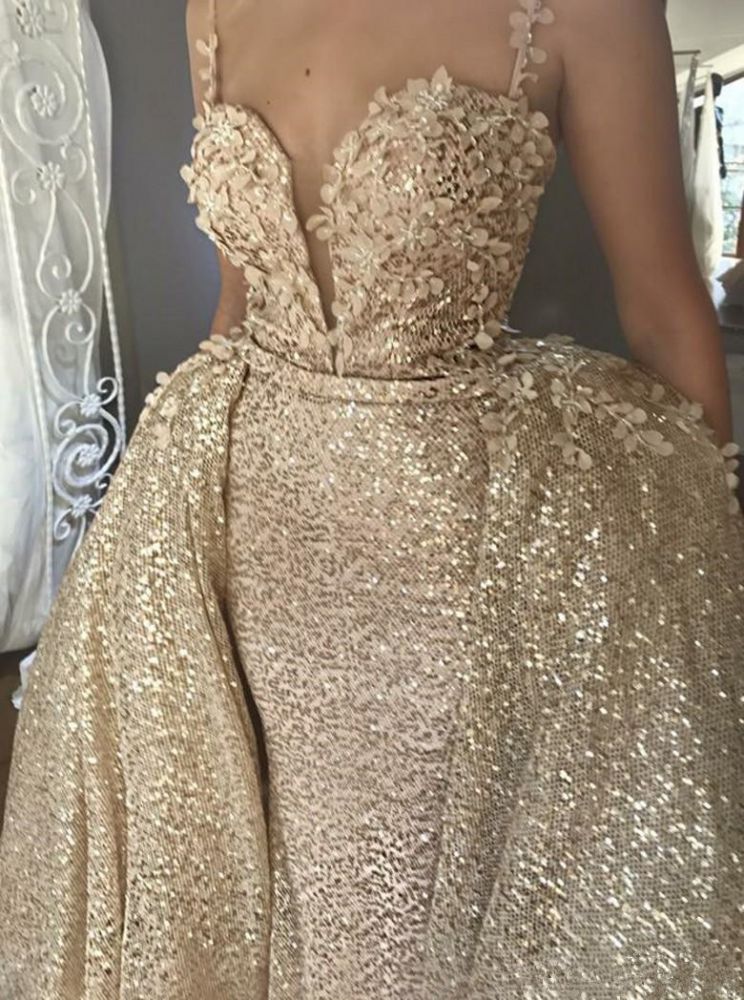 Shiny Champagne Sequins V-neck Spaghetti Straps Appliques Prom Dresses With Detachable Skirt-showprettydress