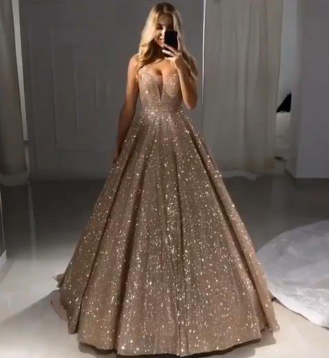 Shiny Gold Ball Gown Evening Dresses Chic V-Neck Sequin Prom Dresses-showprettydress