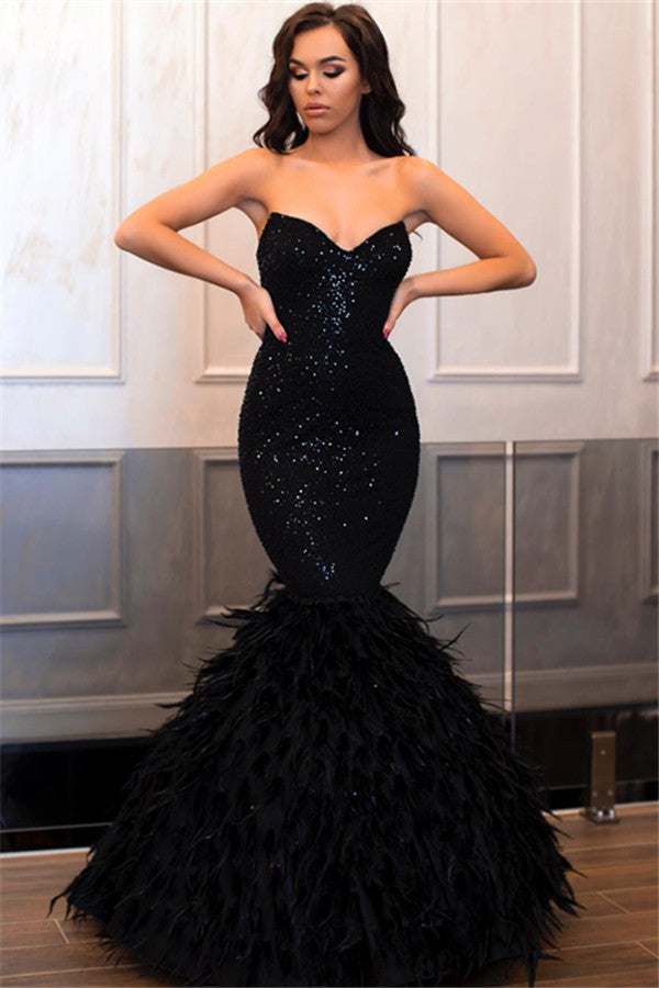 Shiny Mermaid Black Strapless Sleeveless Floor-Length Prom Party Gowns