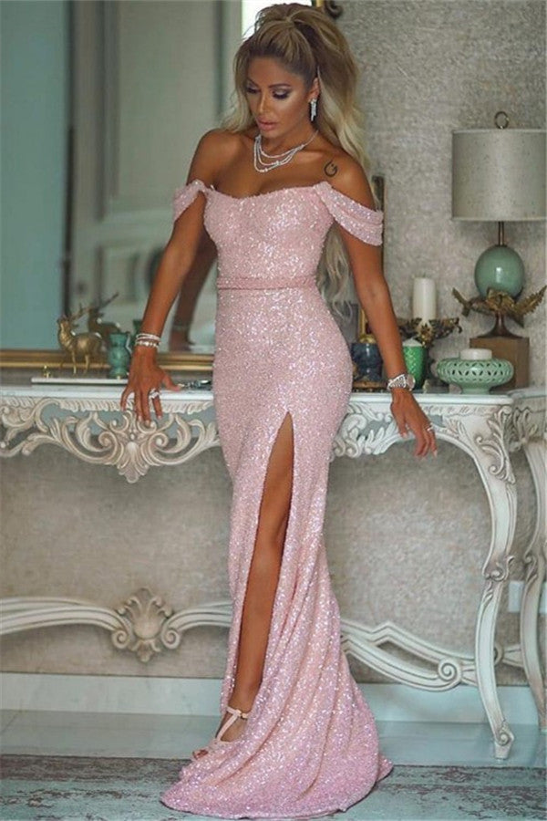 Shiny Sequins Pink Prom Dresses With Slit Off-the-Shoulder Chic Evening Gowns With Buttons-showprettydress