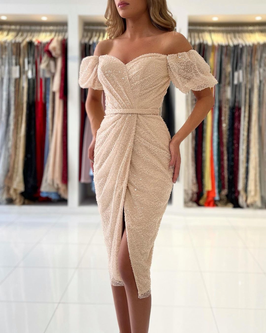 Short Mermaid Off-the-Shoulder Prom Dress With Slit Sequins Party Gowns with Sleeves-showprettydress
