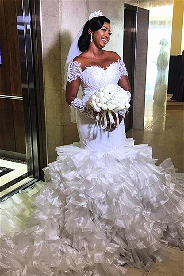Short sleeves Off the shoulder White Mermaid Wedding Dresses with Ruffles Train-showprettydress