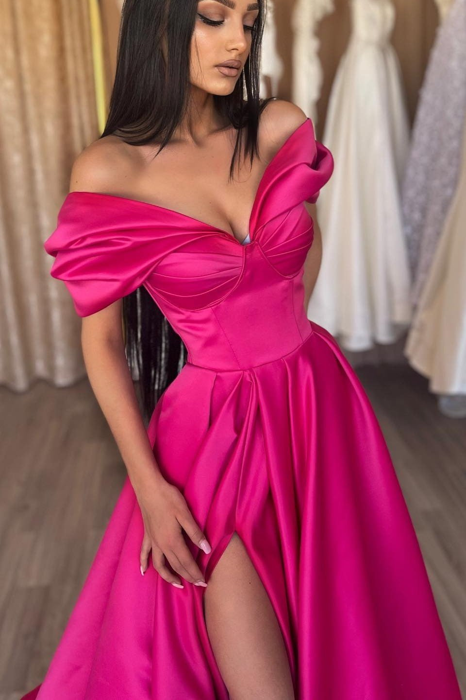 Showprettydess A-Line Fuchsia Portrait Prom Dress with Split-showprettydress