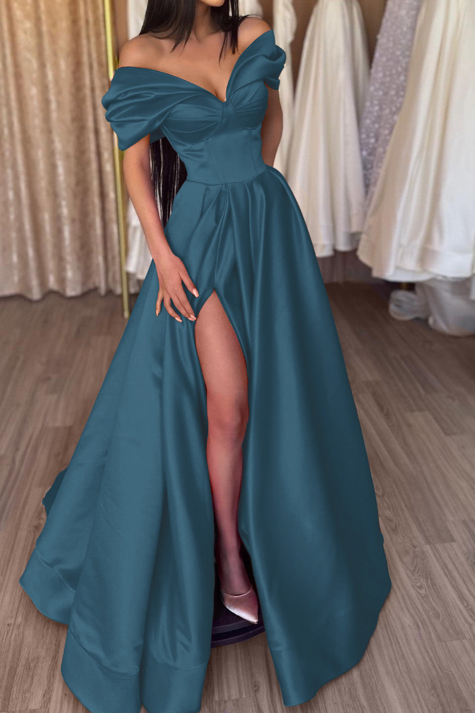 Showprettydess A-Line Fuchsia Portrait Prom Dress with Split-showprettydress