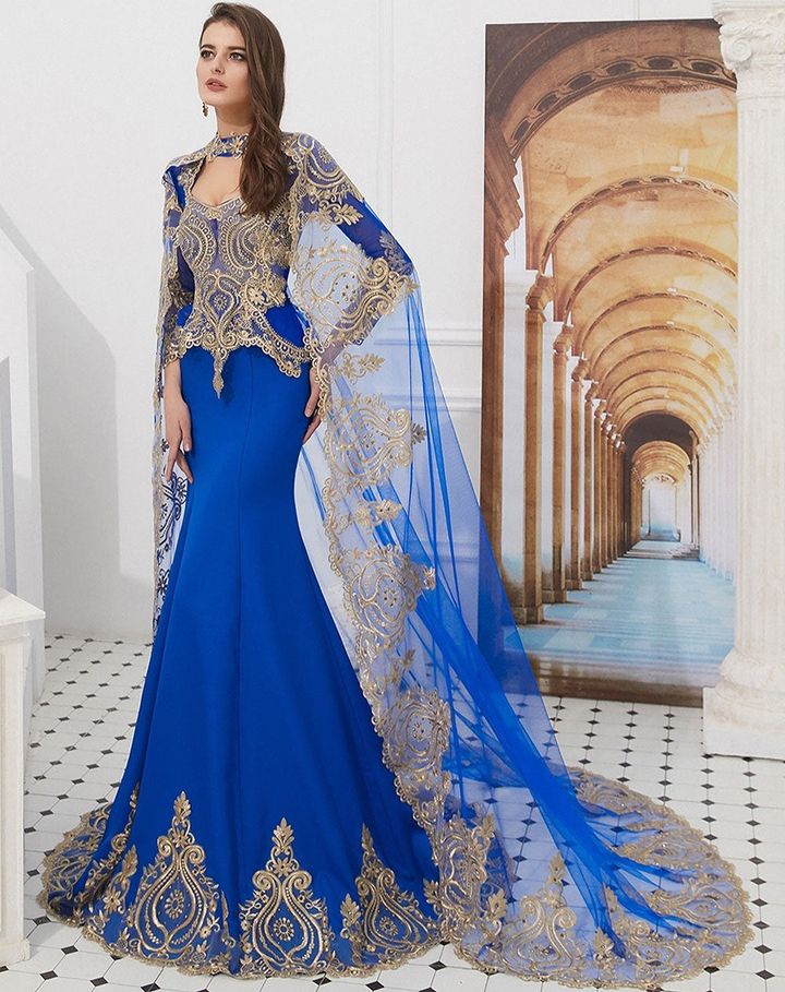 Showprettydess Amazing Long Sleeves Mermaid Prom Dress with Gold Appliqués & Cape-showprettydress