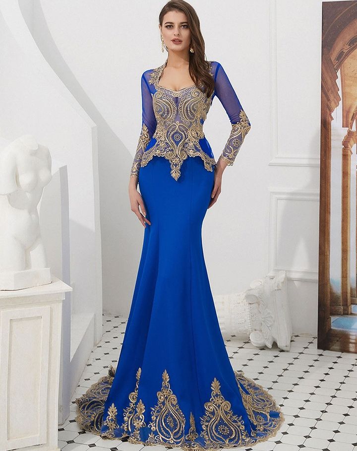 Showprettydess Amazing Long Sleeves Mermaid Prom Dress with Gold Appliqués & Cape-showprettydress