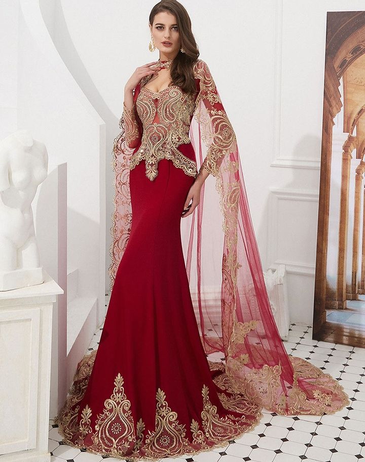 Showprettydess Amazing Long Sleeves Mermaid Prom Dress with Gold Appliqu¨¦s & Cape-showprettydress