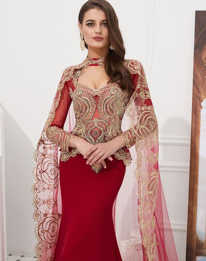 Showprettydess Amazing Long Sleeves Mermaid Prom Dress with Gold Appliqu¨¦s & Cape-showprettydress